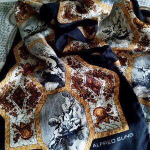 Alfred Sung Silk Hand Rolled Scarf/Stole Multicolor w Black Edge 51” x 9 ½”